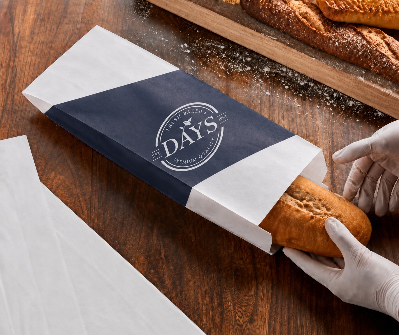 Baguette and window bags arranged for bakery counters