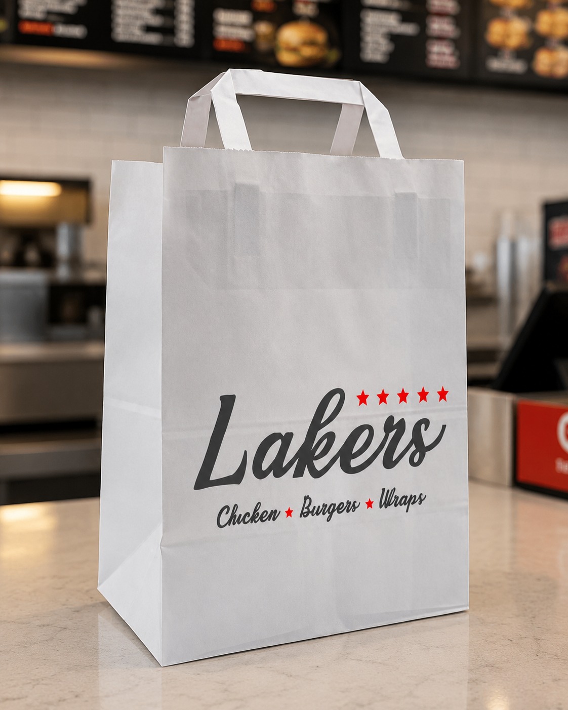 Printed kraft internal handle take away bags